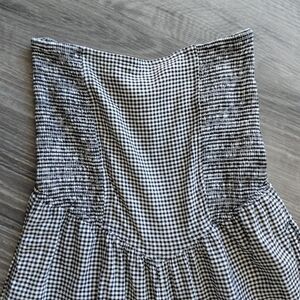 Aerie Black White Strapless Elastic Top Checkered Linen Wide Leg Jumpsuit Romper